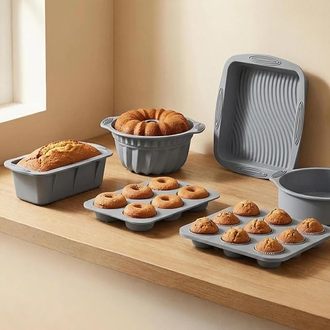 Nonstick Silicone Bakeware Set, 6 set Baking Cake Pan, Economical BPA Free Heat Resistant Bakeware Tools for DIY Loaf Bread Cheesecake Pizza Cupcake Muffin (Gray)