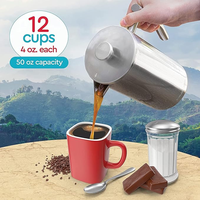 Belwares French Press Coffee Maker - 50oz 6-Cup Capacity, 304 Stainless Steel Coffee Press, Double Wall Insulation Heat Retention, 4-Level Filtration Smooth Ground-Free Coffee, 2 Extra Filters, Silver