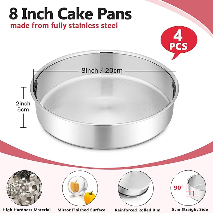 P&P CHEF Cake Pan Set of 4, Stainless Steel Baking Round Cake Pans Tins Bakeware for Birthday Wedding, Leak-proof & Easy Clean, Mirror Finish & Easy Releasing, 8 Inch