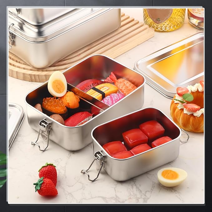 Umigy 4 Pcs Stainless Steel Food Containers 850/1400ml Metal Bento Lunch Box Stainless Steel Food Storage Containers, Lockable Clips to Leak Proof, Reusable Dishwasher Snack Boxes for Work