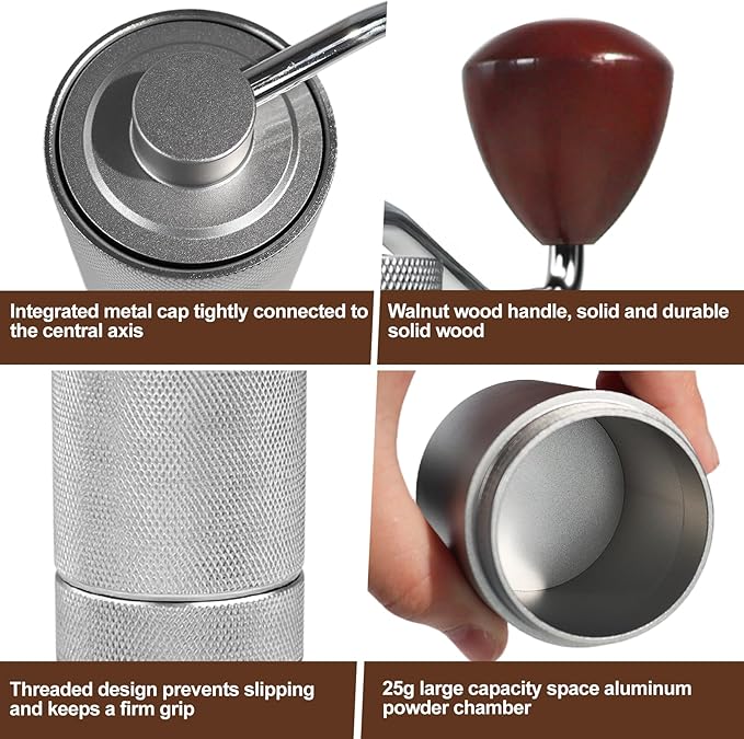 Manual Coffee Grinder Gift Box Detachable Stainless Steel Conical Burr Aluminum Coffee Bean Grinder with 25 Grinding Settings Cleaning Brush Grindable Espresso Moka Pot for Camping Silver