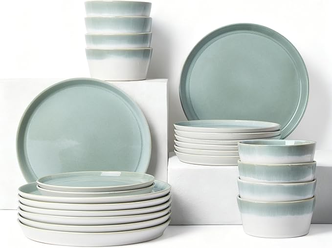 Pokini Dinnerware Sets for 8, Ceramic Plates and Bowls Set, Modern Artisan Dish Set, Microwave & Dishwasher Safe Dishware Set, Chip & Scratch Resistant Dinner Sets, Gradient Green