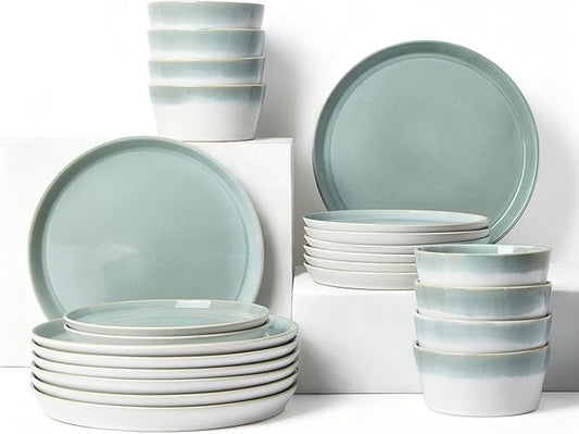 Pokini Dinnerware Sets for 8, Ceramic Plates and Bowls Set, Modern Artisan Dish Set, Microwave & Dishwasher Safe Dishware Set, Chip & Scratch Resistant Dinner Sets, Gradient Green
