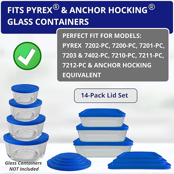 1, 2, 4 & 7 Cup Blue Round & 3, 6, 11 Cup Blue Rectangle Replacement Lids/Covers for Pyrex, Anchor Hocking & KlareWare Storage Bowls *Lids Only -Glass Container Not Included*, 14 Pack *2 of Each Size*