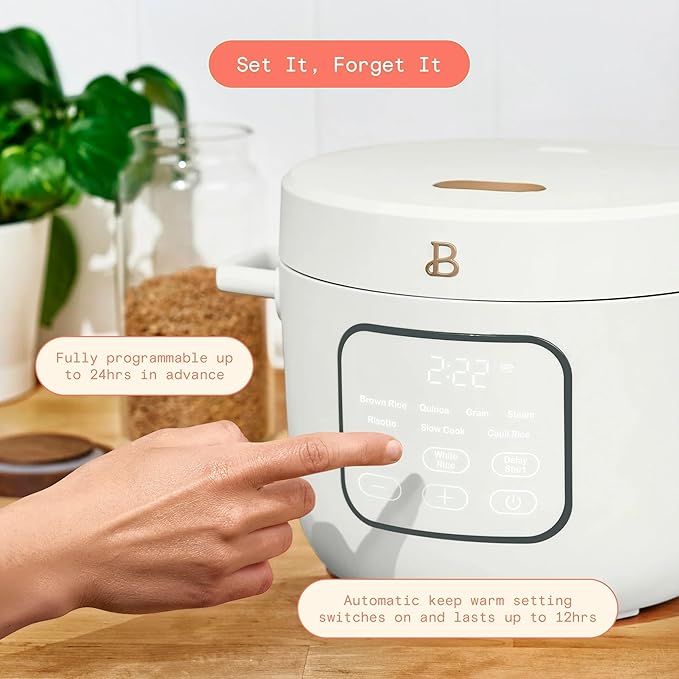 14 Cup Electric Rice Cooker, Programmable Grain Cooker with Automatic Keep Warm, Touch Display, Ceramic Nonstick Inner Pot and Steam Tray (White Icing)
