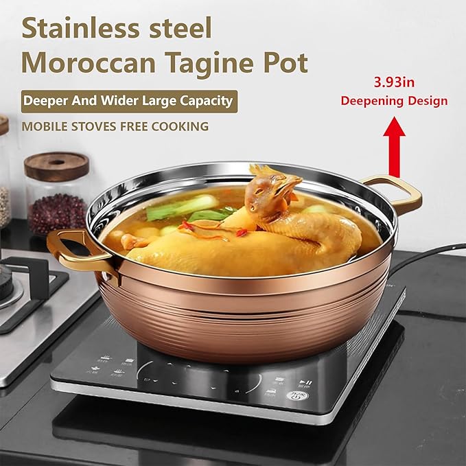 Moroccan Tagine Cooking Pot: 304 Stainless Steel Tagine Pot with 2 Handles,Large Slow Cooker Casserole with Cone-Shaped Lid, Non Stick Moroccan Pots for Cooking,29cm (Gold)