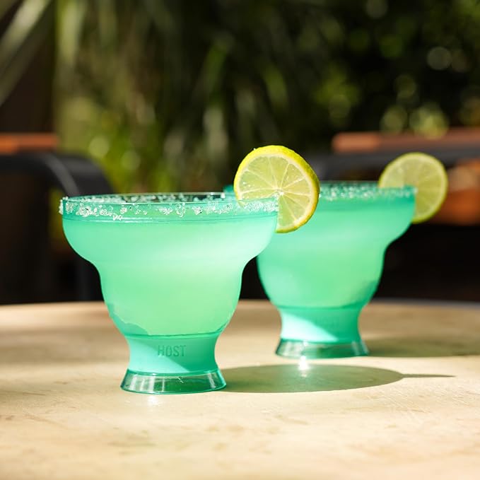 HOST FREEZE Stemless Margarita Glasses, Insulated Plastic Cocktail Glasses for Frozen Drinks, Double Wall Chiller Cups for Daiquiri, Tiki Drinks, Home Bar, Party Gifts, 12 oz, Set of 2, Aqua Blue
