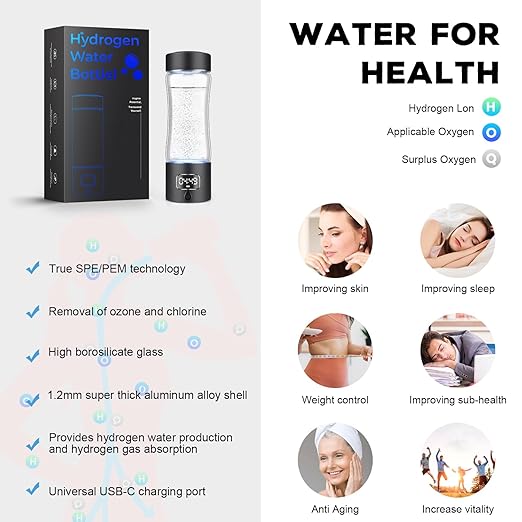 Hydrogen Water Bottle Generator with SPE/PEM Technology, 5000PPB,Portable Rechargeable Hydrogen Water Ionizer Machine for Home,Office, Gym,Travel -Gift for Holidays