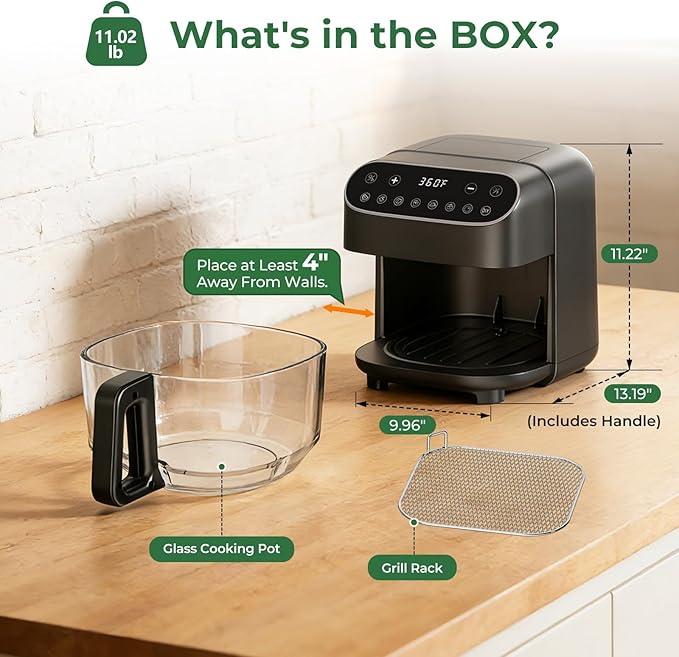 5 Quart Glass Air Fryer, Non Toxic & Uncoated High Borosilicate Glass Basket, Airfryer with Transparent Fry Bowl, 8 Preset Modes, PTFE/PFAS Free, BPA-Free, Dishwasher Safe, Black