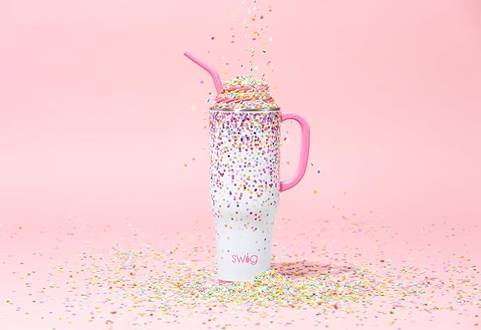 Swig Life 40oz Mega Mug, 40 oz Tumbler with Handle and Straw, Cup Holder Friendly, Dishwasher Safe, Stainless Steel, Lightweight Extra Large Insulated Glitter Water Bottle, Glitter Gifts (Confetti)