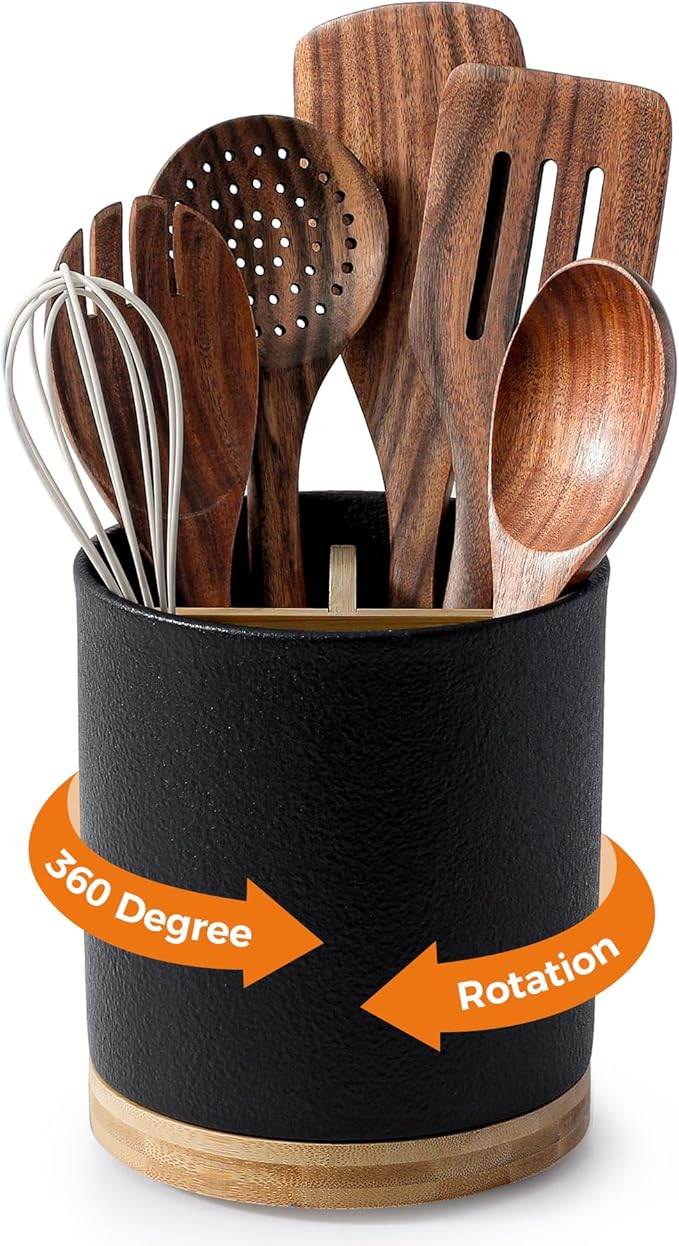 LoeJan 3 Compartment Utensil Holder, Extra Large Utensil Crock, Stable Ceramic Utensil Organizer, Cooking Tool Organizer Set for Kitchen Counter Farmhouse Decor,Textured Black