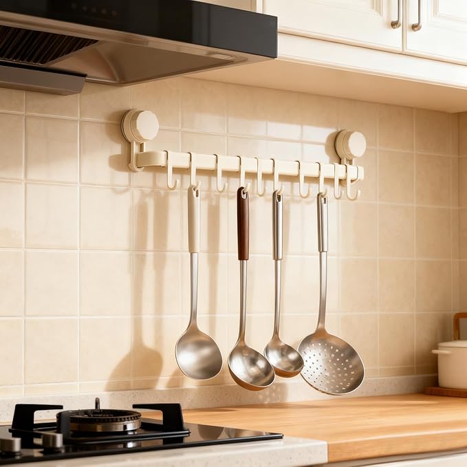 2026 Upgrad Wall Hooks Rack, Space Saving Utensil Holder for Kitchen Bathroom, No Drilling Wall Mounted Accessory Hanger, Kitchen Rail for Hanging Cooking Utensils Mugs Spoons (White_F)