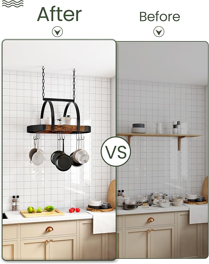 CHOEZON Hanging Pot Rack, Pot Hanger for Kitchen, Ceiling Mounted Pot Holder, Cookware Organizer with 9 S-Shaped Hooks, for Pot, Pan Storage, Space-Saving, Rustic Brown and Black TPR07BF