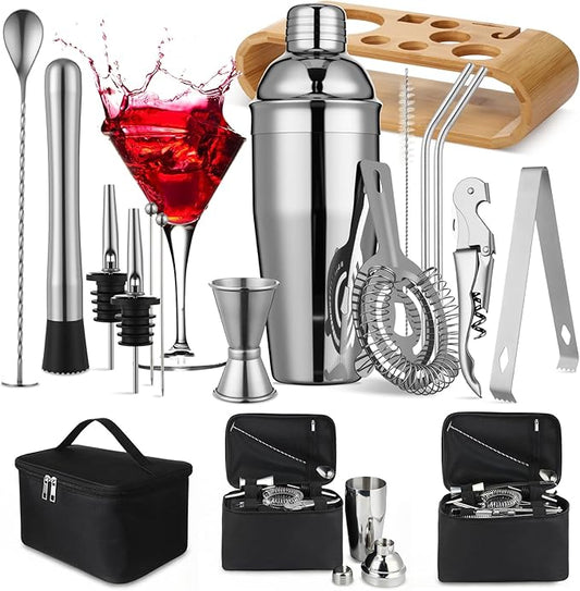 16 Pcs Bartender Kit Bag with Stand Portable Cocktail Shaker Set, 25oz Stainless Steel Barware Kit with Jigger, Strainer, Spoon, Ice Tongs, Gift for Cocktail Lover Travel