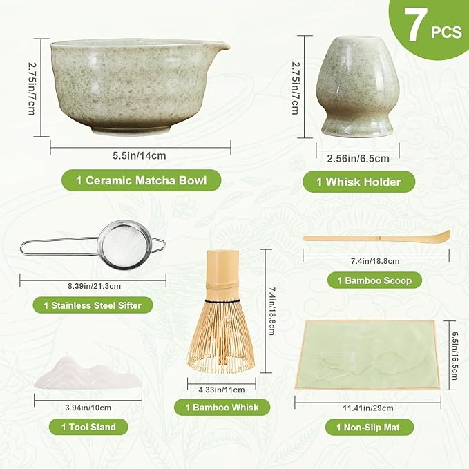 7Pcs Matcha Whisk Set - Matcha Bowl with Spout, Bamboo Whisk (Chasen), Holder, Stainless Sifter, Tea Scoop, Tea Towel, Scoop Rest. Full Japanese Ceremony Matcha Kit, Perfect Gift for Tea Fans (Green)
