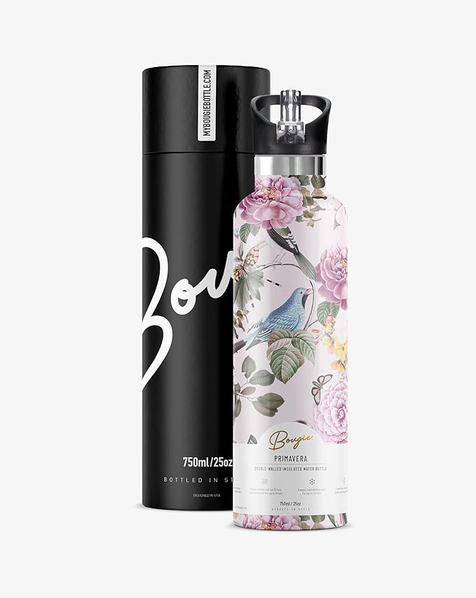 Bougie My Bottle - Primavera Stainless Steel Water Bottle With Straw | Pipe Cleaner & Ice Tray Included | Leak-Proof, BPA Free, Double Insulated For Warm & Cold | 25 oz/750 ml