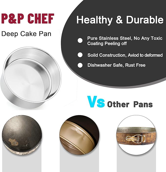 P&P CHEF 8 Inch Cake Pans Set, Round Baking Pan Stainless Steel Layer Birthday Wedding Cake Oven Pans, Non Toxic & Heavy Duty, Deep Side & Mirror Finish, Dishwasher Safe, (1Pc)