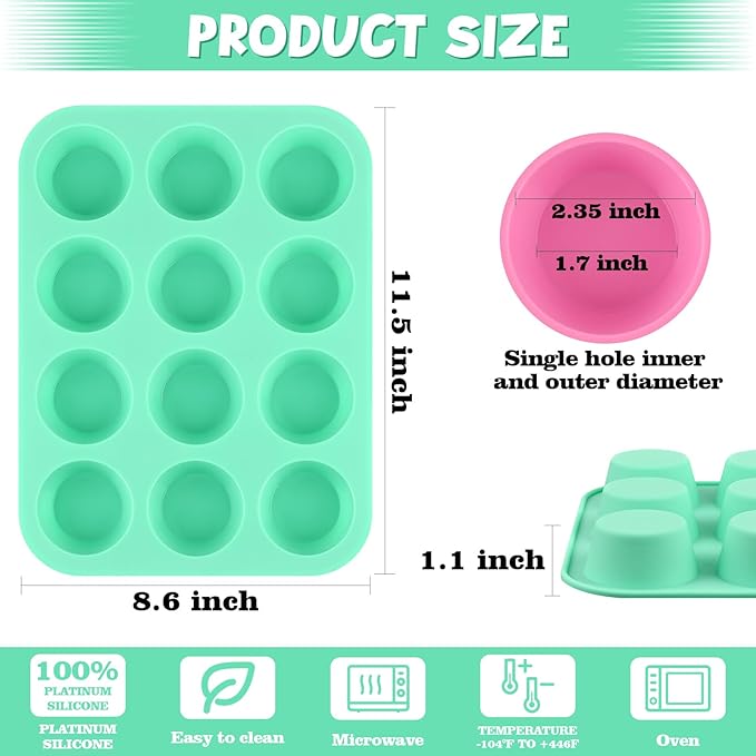 Sakolla 2 Pack Silicone Muffin Pan, Nonsticks 12 Cups Standard Cupcake Pans, Silicone Molds for Baking Muffin, Egg Bite, Cupcakes, Tart and Quiche (Pink & Green)