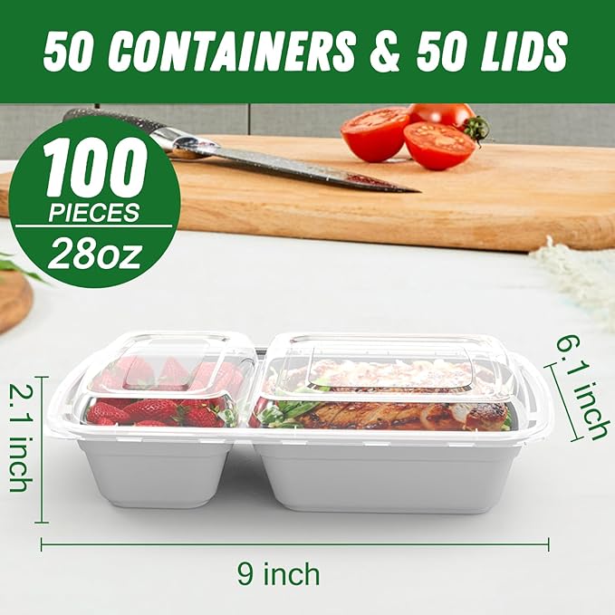 Dealusy 50 Pack (100-Piece) 28 oz Meal Prep Containers Reusable with Lids 2-Compartment, Sturdy Leakproof Food Safe, Microwave Freezer Dishwasher Safe, To Go Take Out Plastic Food Storage, Silver