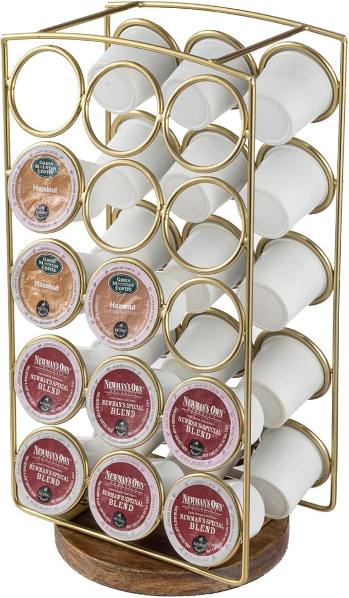 MyGift Modern Brass Tone Plated Metal and Brown Mango Wood Coffee Pod Holder Stand - Tabletop Café Bar Coffee Capsule Storage Rack - Handcrafted in India
