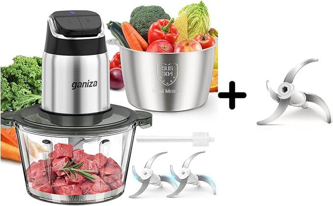 GANIZA Food Processors, Electric Chopper with Meat Grinder & Veggie Chopper - 2 Bowls (8 Cup+8 Cup) with Powerful 450W Copper Motor - Includes 3 Sets of Bi-Level Blades