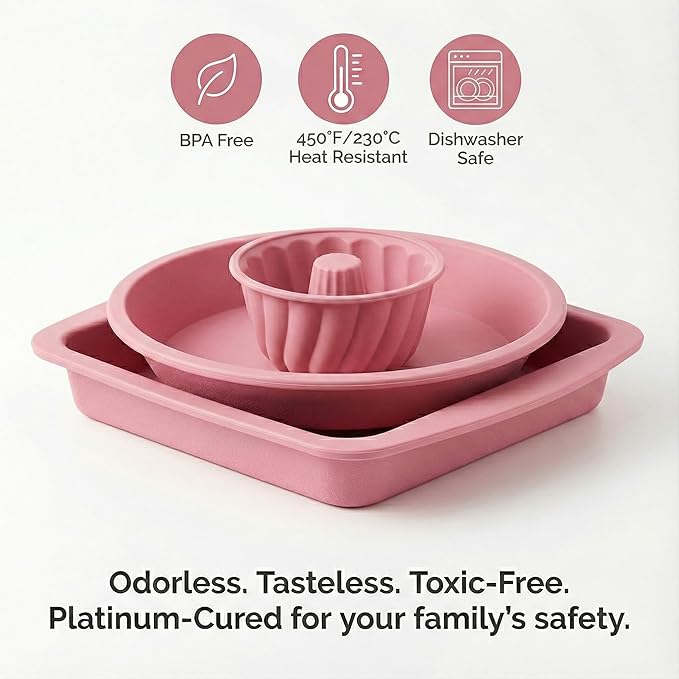 Platinum Silicone Baking Molds Set (8pc) - 100% Fumed Silica Non-Stick - Square Pan, Round Dish & 6 Mini Bundts - BPA Free, Pinch Test Passed, Oven Safe 446°F (Dusty Rose)