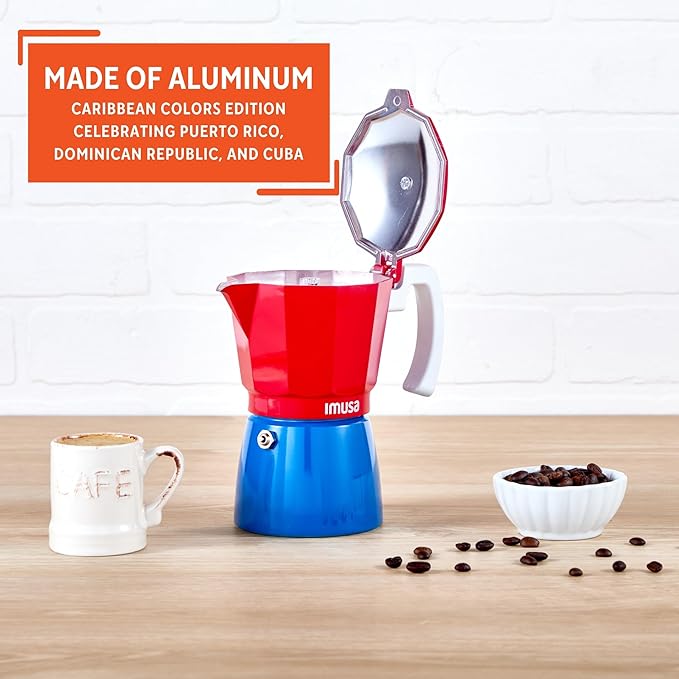 IMUSA Stovetop Espresso Maker 3 Cup Moka Pot Caribbean Colors Edition – Cuban Coffee, Italian Style, Demitasse, Cortadito, Cappuccino – Cast Aluminum Cafetera Espresso Azul Rojo Blanco