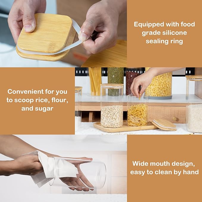D2scrma 22oz Airtight Square Spice Containers with Bamboo Lid Set of 6 (650ml) Kitchen Pantry Organization Jar Stackable Spice Jar, for Sugar, Tea, Cookies and Coffee beans (‎with Black Lable)