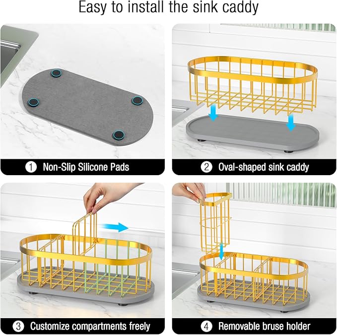 Sponge Holder for Kitchen Sink with High Brush Holder, [Stay-Dry Anywhere & No Drainage Needed] Rustproof Stainless Steel Kitchen Sink Caddy Organizer with Water Absorbing Stone Tray, Gold