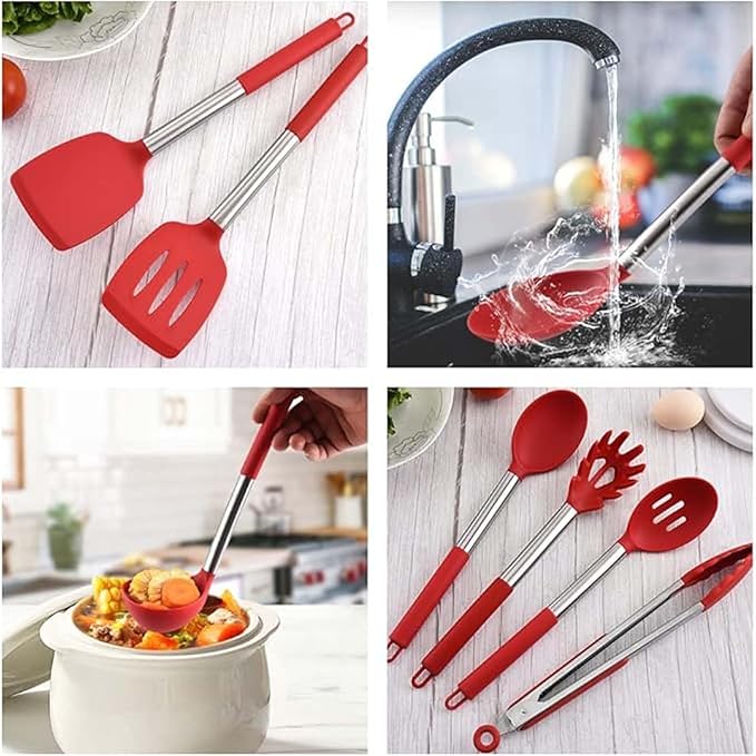 Silicone Kitchen Tools - Non - Stick, Anti - Slip, High - Temperature Resistant, Scald - Proof 14 - Piece Set with Stainless Steel Tube Handles & a Storage Bucket (Red)