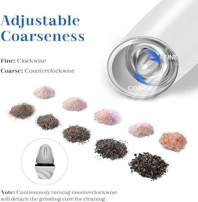 Rechargeable Salt And Pepper Grinder Set, Gravity Electric Salt And Pepper Grinder Set Electric, Salt And Pepper Shakers Set Electric, Adjustable Coarseness, LED Light, (Black+White)