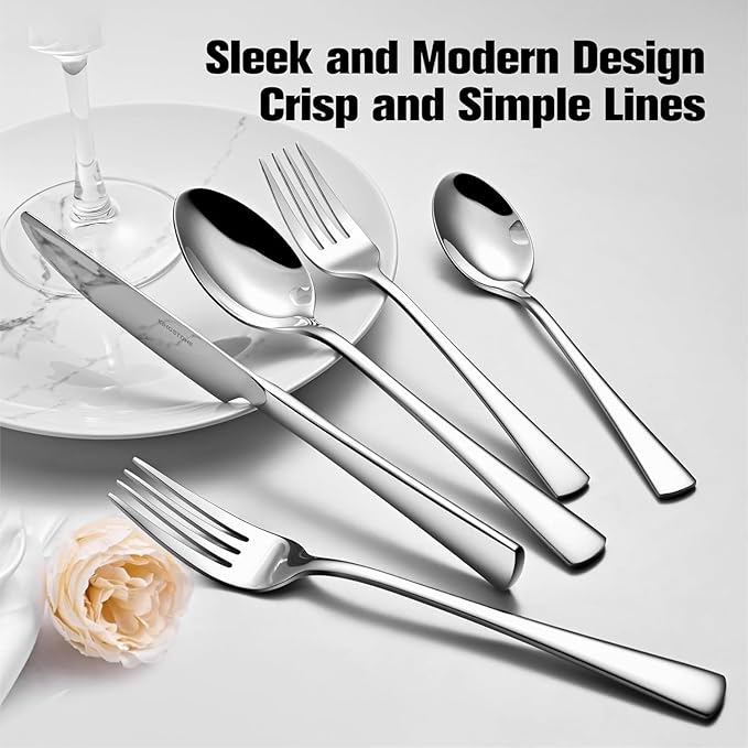 KINGSTONE 18/10 Stainless Steel Flatware, 5-Piece Forged Silverware Set for 1, Mirror Polished Cutlery Set Dishwaher Safe for Home, Restaurant, Wedding, Party