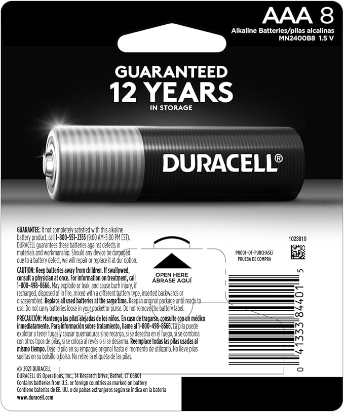 Duracell Coppertop AAA Batteries with Power Boost Ingredients, 8 Count Pack Triple A Battery with Long-lasting Power, Alkaline AAA Battery for Household and Office Devices