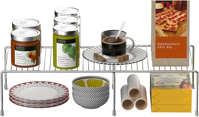 Kitchen Cabinet Expandable Shelf Organizers Set of 6, Adjustable Metal Wire Pantry Storage Shelves, Plate Dish Organizer Rack for Cabinets, Cupboard, Counter, Freezer, Countertop, Chrome