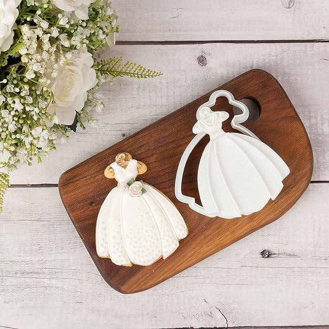 Flycalf Wedding Cookie Cutters Dress Shapes with 3D Stamper Eco-Friendly PLA Kitchen Cake Decorating Bridal Shower Gifts for Kids 4" Baking Embossing Stamps Mold Supplies Biscuit Fondant Tools