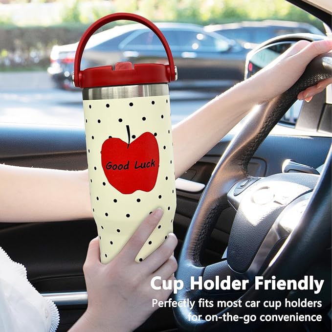 30 oz Tumbler with Handle and Straw, Vacuum Insulated Tumblers with Flip Straw and Top Handle, Leakproof Tumbler, Stainless Steel Travel Mug for Coffee Water, Cold for 20 Hours(Red Apple)