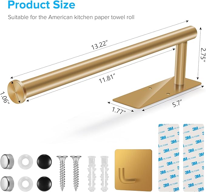2nd Gen Paper Towel Holder Under Cabinet No Drilling, [More Sturdy] Self Adhesive or Drilling Paper Towel Holder Wall Mount for Kitchen, RV, [Fit Mega Paper Towel Roll] SUS304 Stainless Steel