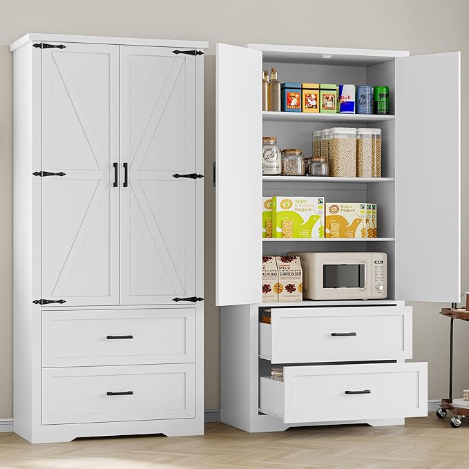 Pantry Organizers and Storage Cabinet, 71” Barn Door White Kitchen Cabinet with Drawers and Adjustable Shelf, Tall Pantry for Kitchen, Dining Room, Living Room. Bathroom and Office