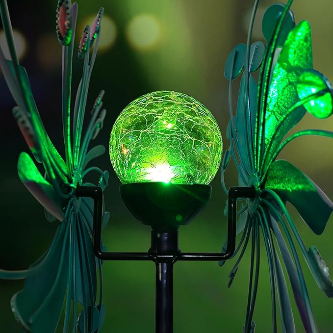 Solar Wind Spinner for Yard and Garden – 61 Inch Outdoor Metal Kinetic Sculpture with Multi-Color LED Glass Ball Light – Waterproof Windmill Stake for Patio, Lawn, and Pathway Decoration (Blue)