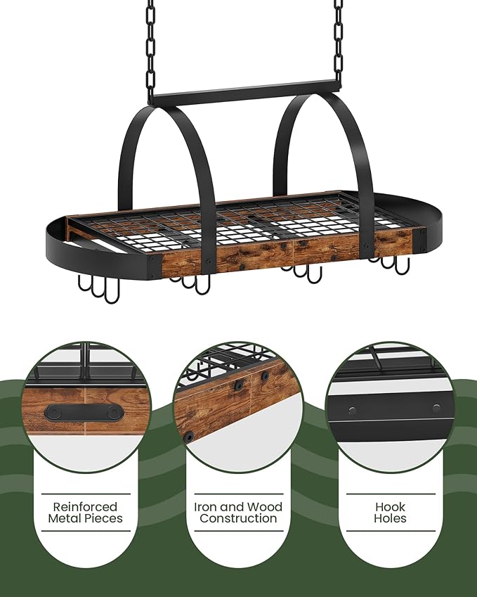 CHOEZON Hanging Pot Rack, Pot Hanger for Kitchen, Ceiling Mounted Pot Holder, Cookware Organizer with 12 S-Shaped Hooks, for Pot, Pan Storage, Space-Saving, Rustic Brown and Black TPR08BFC1