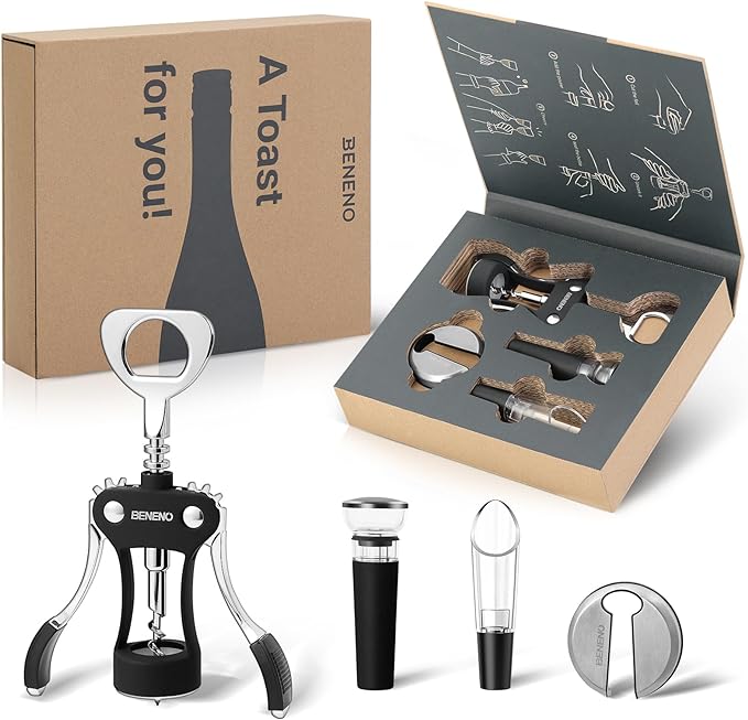 Beneno Multifunctional Wine Bottle Opener Gift Set - Wing Corkscrew, Foil Cutter, Vacuum Stopper & Aerator Pourer, Perfect for Wine Lovers Man Woman, Black Set