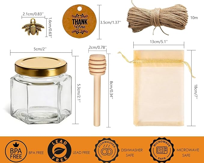 Adabocute Honey Pot, Mini Glass Honey Jars with Wood Dipper, Gold Lid, Bee Charms, Gold Organza Bags, Thank-you Tags, Ideal for Baby Showers Wedding Favors Party Favors, 2oz 30 Pack