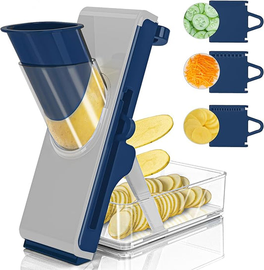 Mandoline Slicer Safe Multifunctional Dicer Adjustable Commercial Slicer Machine Stainless Steel Chopper (White Blue)