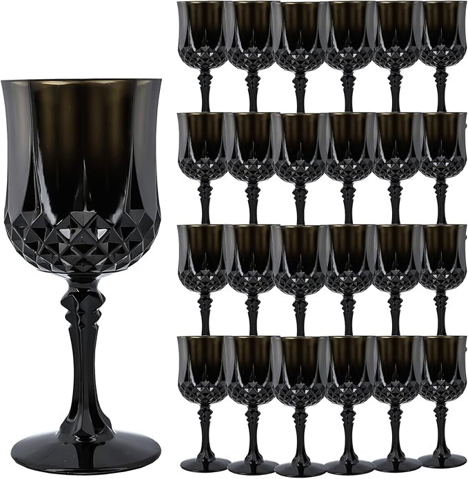 Plastic Wine Glasses, Plastic Goblets Vintage Style Cordial Unbreakable Drinking Glasses, Reusable Drinkware for Wedding Reception, Grand Event Party Supplies (24, Black)