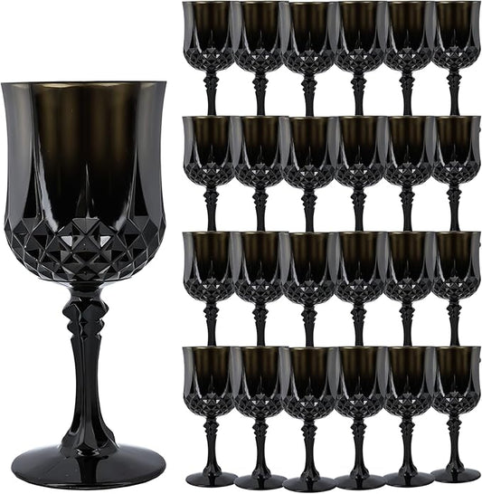 Plastic Wine Glasses, Plastic Goblets Vintage Style Cordial Unbreakable Drinking Glasses, Reusable Drinkware for Wedding Reception, Grand Event Party Supplies (24, Black)