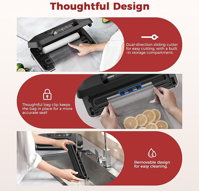 Vacuum Sealer for Food, 10 Modes 95KPa vacuum sealer for Wet/Dry Food, Automatic Food Vacuum Sealer Machine with Double Seal Strip, Built-in Cutter & Roll Storage, Complete Kit with Bags