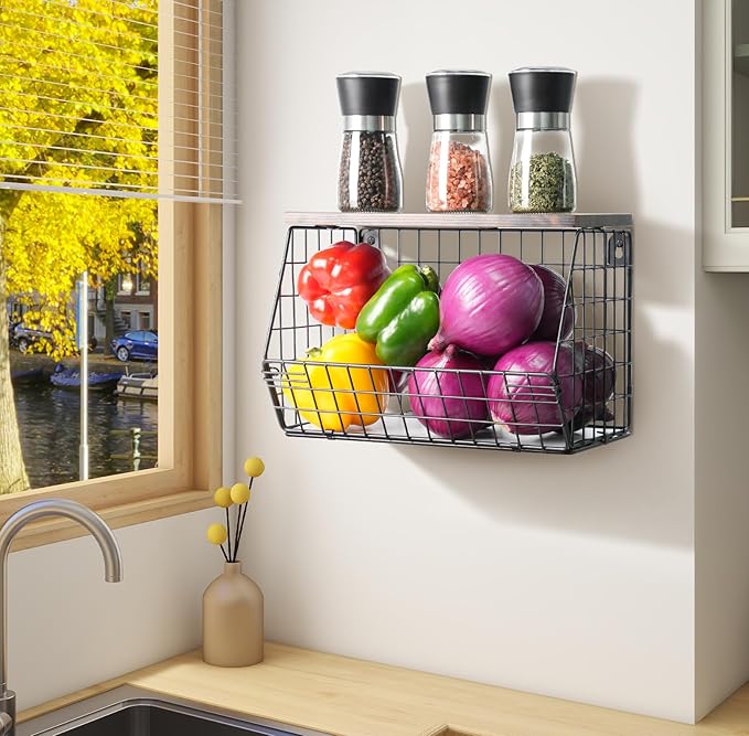Wawocs Fruit Basket for Kitchen Counter, Fruit Bowl Stackable Wall Mounted Hanging Fruit Basket Wire Basket with Wood Lid with Banana Hanger Hooks, Onion,Potato,Fruit and Vegetable Storage