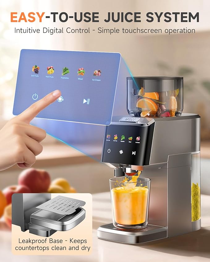 Cold Press Juicer with Large 5.12" Feed Chute- Slow Masticating Technology for Nutrient Retention, Quiet Motor, High Juice Yield, Leakproof Base- Perfect for Fruits Vegetables & Leafy Greens