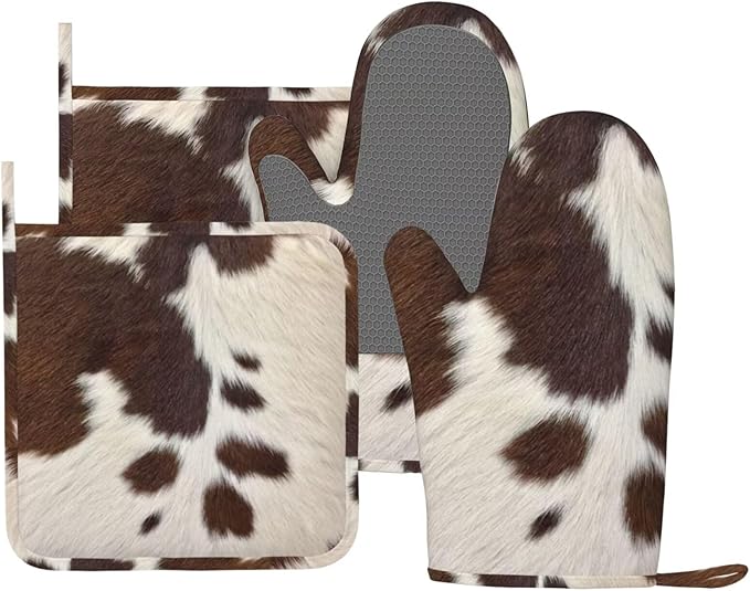 Cow Print Oven Mitts and Pot Holders Set Silicone Heat Resistant Brown Cowhide Western Farmhouse Kitchen Gloves Set Cow Print Kitchen Mittens Pot Holders for BBQ Cooking Baking Grilling