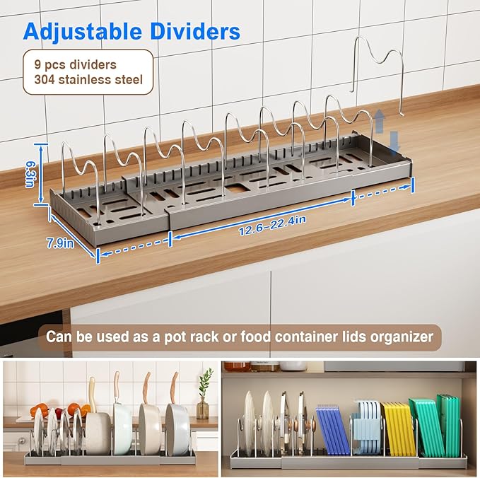 Mustorn 2 Pack Pots and Pans Organizer Under Cabinet, 22" Expandable Food Storage Container Lid Organizers with 9 Adjustable Dividers Pot and Pan Lid Holders Rack Inside Cabinet/Countertop(Gray)